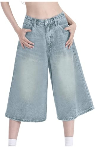 NerYuo Jean Capri Femme Pantacourt été Elastique Taille Haute Wide Leg Baggy 3/4 Pantalons Jeans Y2K Denim Short Rétro Ample Pantalon avec Poches