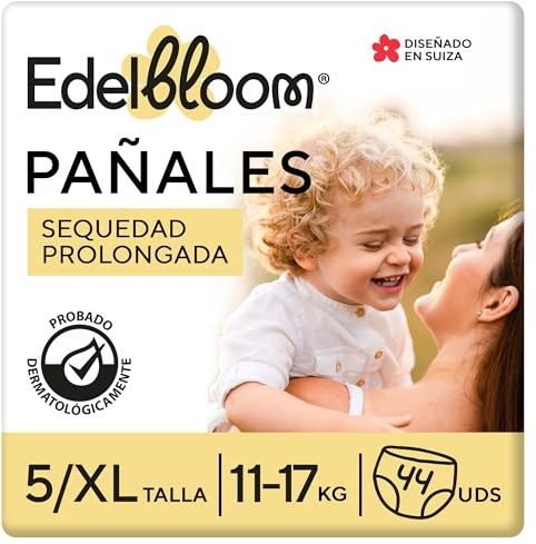 Edelbloom Premium 44 Bragapañales Talla 5 (11–17 kg), Ultraabsorbentes y Transpirables, Hipoalergénicos, Extra Suaves y Delicados para Bebés, Dermatológicamente Probados, Protección Antifugas Segura
