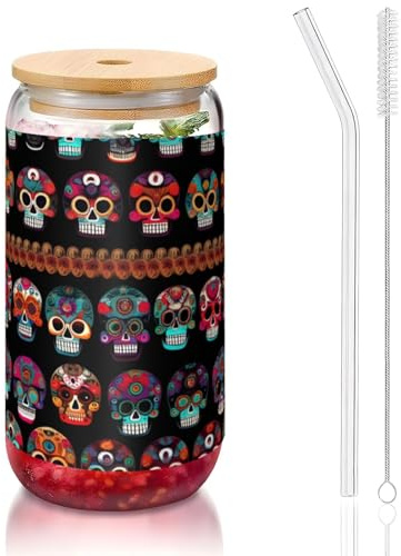JIUTY Verres à boire avec couvercles et paille en verre, motif tête de mort mexicaine, 1 tasse en verre de 473,6 g, verres à bière ou café glacé
