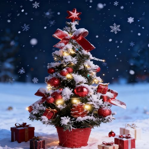Mini Weihnachtsbaum mit Beleuchtung LED, 40 cm Weihnachtsbaum Klein Beleuchtet, Tisch Weihnachtsbaum klein künstlich geschmückt mit Beeren und Tannenzapfen, für Die Weihnachtsdekoration im Homeoffice