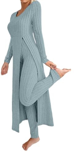 KBOPLEMQ Tuta da donna in due pezzi, a maniche lunghe, a coste, top e leggings, set da due pezzi, per il tempo libero, casual, da jogging, a maglia, pantaloni lunghi, O azzurro, M