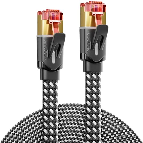 deleyCON 7,5m Cable de Red Cat7 Plano de Nailon (10 Gbps, Conductor de Cobre) Ethernet LAN - Conector RJ45 - Cable Patch para DSL, Router, Internet, Wi-Fi - Negro