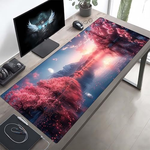 Gaming Mauspad 1200x600x3mm Gaming Mousepad XXL Baum Rosa Mauspad Schreibtischauflage, Genähte Kanten Mausmat, rutschfeste Gummibasis, Schreibtisch Schutz für Home Büro, Geschenke PjY9818 4-N