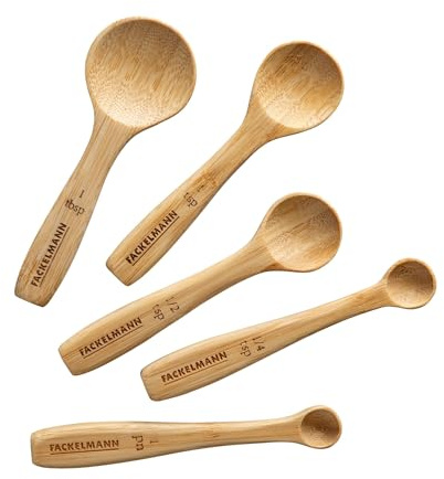 Fackelmann Messlöffel-Set – 5-teilig aus 100% FSC-zertifiziertem Holz, 5-teilig, für präzises Dosieren von Gewürzen und Trockenzutaten, Reinigung per Hand, Braun