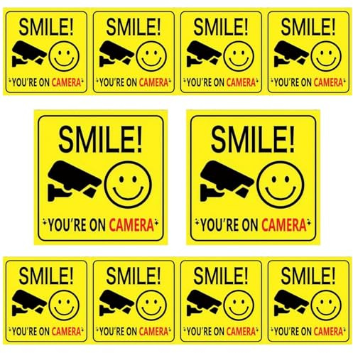 10 Pcs CCTV Sign,3.9 X 3.9 Inch Smile Your on Camera Signs,Self Adhesive Vinyl Gold Funny CCTV Signs,Weatherproof Durable Smile Your on Camera Window Stickers for Entry Areas,Areas Requiring Caution