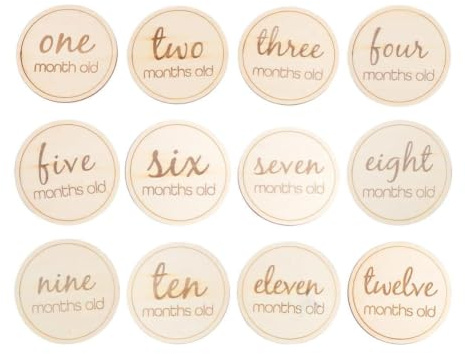 Baby Birth Month Number Cards Keepsake Props Wood round 12pcs | Neutral Beige Set, Social Media Sharing and Baby Shower Use, Creative Adorable Design, Infant Growth Record