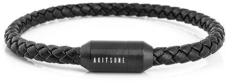 Akitsune Silva läderarmband magnetisk stängning | 5 mm | länk armring prydnadssak kvinnor rostfritt stål armband enkelt - silver matt svart guld, 19.5, Rostfritt stål läder silver, utan sten