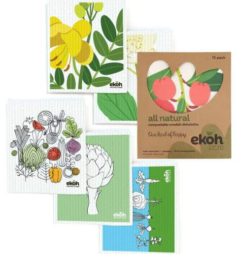 EKOH Swedish Dishcloths 12 Pack - Compostable Eco Sponge Cloths for the Kitchen - Paper Towel Alternative - Multipurpose Cleaning Cloths (Flowers on White, Botanical Flowers 12 pack)