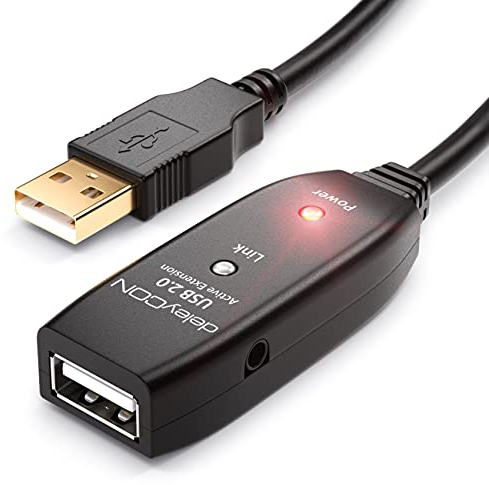 deleyCON 15m Cable de Extensión USB 2.0 Cable Repetidor con Señal de Amplificación 2 Activa de Salida USB Tipo A Macho a Entrada Tipo A Hembra - Negro