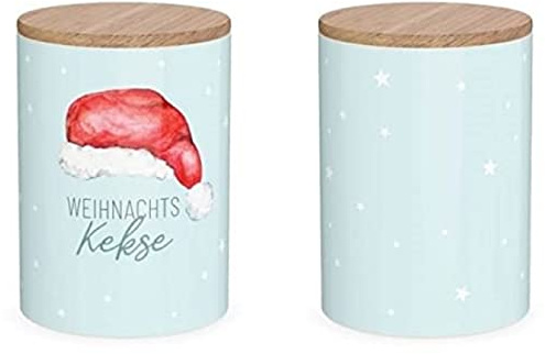 La Vida Vorratsdose Weihnachtskekse Mütze Porzellan mit Bambusdeckel hellblau weiß rot Natur 11x16cm