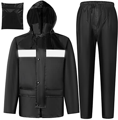 Rain Gear for Men Women Waterproof Lightweight Rain Suits Hideaway Hood Rain Jacket and Rain Pants for Outdoor (Black, Large)