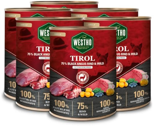 WESTHO Nassfutter Tirol 6x800 g, 75% Rind & Wild, getreidefrei | Premium-Nassfutter in Lebensmittelqualität, reich an Antioxidantien, extra viel Fleisch – für alle Rassen