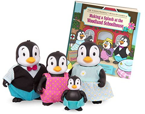 Li'l Woodzeez Toddlewaddle Penguin Family Figure Set with Storybook | 4 posable penguin characters with changeable clothes and 1 storybook for pretend play in Honeysuckle Hollow, 3+ Years