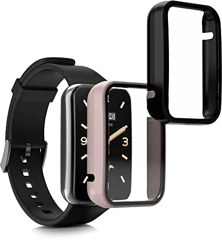 kwmobile Carcasa Compatible con Xiaomi Mi Band 7 Pro Funda - 2X Protector Pantalla Completo de Cristal Templado - Ultrafino y antigolpes - Negro/Rosa Vintage