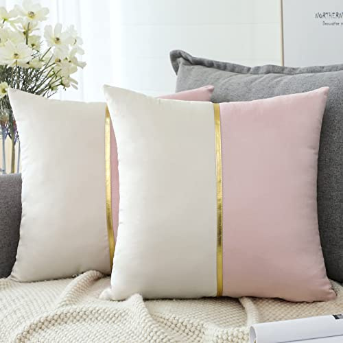 Artscope Juego de 2 Fundas de Cojín de Terciopelo con Costuras Doradas de Piel Decorativas para Sofá o Dormitorio Hogar 45 x 45 cm Rosa