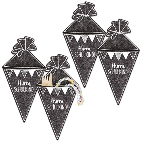 Papierdrachen 4 Schultüten aus Filz in Grau - Bestecktasche oder Geschenktüte - tolle Aufmerksamkeit für den allersten Schultag - Geschwisterschultüte - Schulanfang Einschulung - Set 1