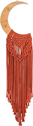 Dormitology Makramee Mond Boho Wandbehang, Rot Böhmischer Holz Ornament mit Langer Quaste, Handgemachte Einzigartige Mondphasen Holzkunst Heimdeko für Schlafzimmer Kinderzimmer Wohnzimmer
