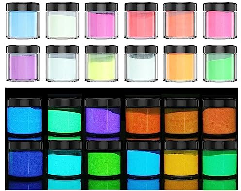 12 Stück leuchtendes Pigmentpulver, Glimmerpulver, Perlglanz-Farbflocken, Epoxidharz, Nägel, sicher, langlebig, selbstleuchtender Farbstoff für DIY Nail Art Rocks und Mottoparty, Original-Set