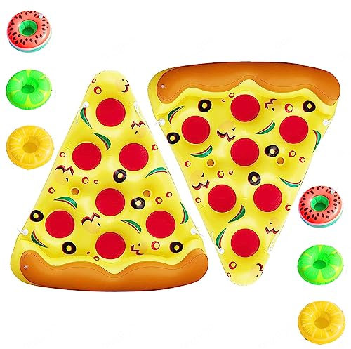 JUNZAI WasserhäNgematte, Pizza Wasser HäNgematte Pool, Mit 3/6 GeträNkehaltern Aufblasbare Pizza FüR Kinder Und Erwachsene,2PCS