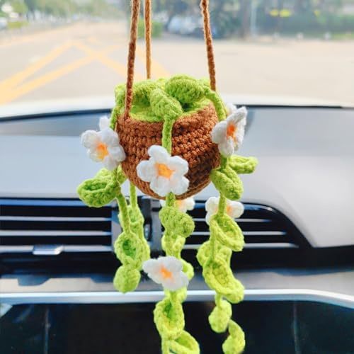 Motaney Potted Plants Crochet Rear View Mirror Accessories, Hand Crocheted (Glue Free) Safe Car Hanging Ornament, Car Mirror Hanging Accessories, Cute Car Accessories for Women Interior