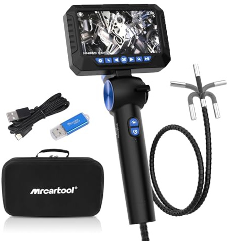 1080P Bidireccional Boroscopio Articulado Coche, 6.35mm HD Cámara Inspección Endoscopio Automotriz con 8GB Tarjeta Memoria, 5 Pantalla LCD, 3 Niveles LED Control luz y cámara estanca IP67