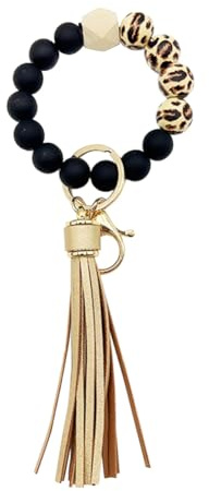 HADWAO Silicone Keychain For Keys Tassel Wooden Beads Wrist Keyrings Bracelet Women Men Keychains House Car Keys Keychain for Women with Leather Tassel KeyRing