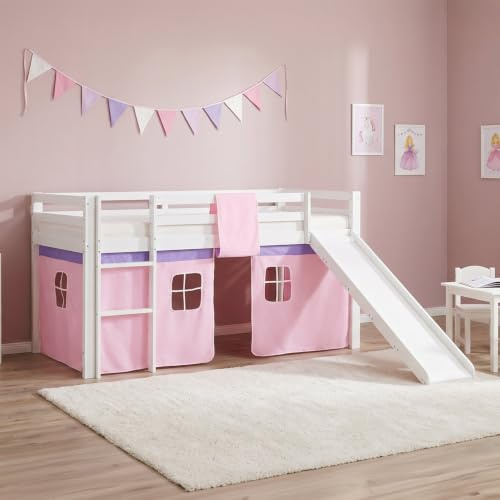 Homestyle4u Kinderhochbett 90x200 cm - Spielbett mit Rutsche Weiß & Rosa | Massives Kiefernholz Hochbett inklusive Vorhang, Lattenrost und Leiter für das Kinderzimmer - Sicherer Schlafplatz