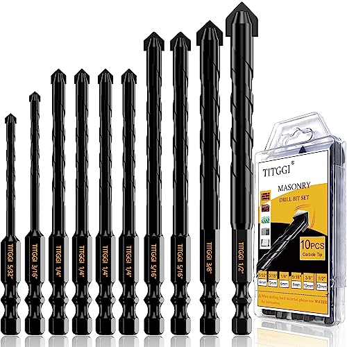Masonry Drill Bit, Professional Masonry Drill Bit Set (10PCS) for Concrete/Glass/Brick/Cement/Tile/Wood/Etc, Industrial Strength Carbide Drill Bits Tip, 5/32-1/2