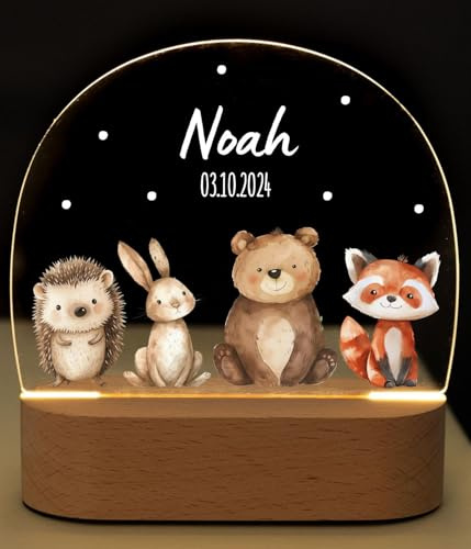 Bärenfreunde® - Personalisiertes Nachtlicht für Babys - Individuelle Nachttischlampe für Kinder - Personalisierte Geschenke Kinder - Babygeschenk - Geschenk zur Geburt (4 Waldtierfreunde)