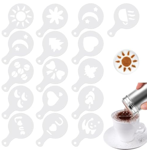 XKSOCT 16 piezas Plantillas Decorar Cafe,Espolvoreador Cacao,Coctelera de Polvo de Acero Inoxidable,Decoracion de Cafe,Plantillas para Capuchino,Chocolate Caliente,Tartas,Arte de Café