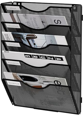 Senhoglb A4 Zeitungshalter Wand 5-stöckig Netzstoff Hängeregistraturhalter Zeitschriftenständer Wandordner Organizer mit Taschen Metall Dokumenten Organizer Prospekthalter Wand für Büro, Schwarz