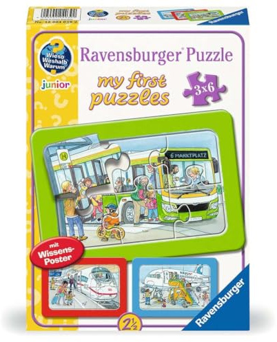 Ravensburger barnpussel - 12004039 Resa med buss, tåg och flyg - mitt första pussel med 3x6 bitar och med varför? Varför? Varför kunskapsaffisch, för barn över 2,5 år