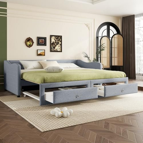 Dolamaní Tagesbett Ausziehbar 90x200 cm, Schlafsofa mit 2 Schubkästen, Ausziehbett Gleiche Höhe, Einzelbett(Ohne Matratze), Leinen, Jugendbett minimalistisches (Grau)