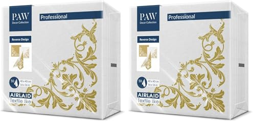 PAW - Servietten aus Airlaid - Stoffähnlich (40 x 40 cm) I 50 Stück I Ideal für Hochzeit, Taufe, Kommunion, Geburtstag I Hochwertige Tischdeko Rückseite-Muster - Weiß-Gold I Reverse Motif gold-white