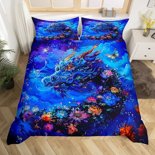 Loussiesd Kinder Floral Drache Bettwäsche Set 135x200cm Fee Ancient Wildlife Roar Bettwäsche-Set für Jungen Mädchen Blume Schmetterling Betten Set Bettwäsche-Set Zimmer Dekor Bettbezug Set