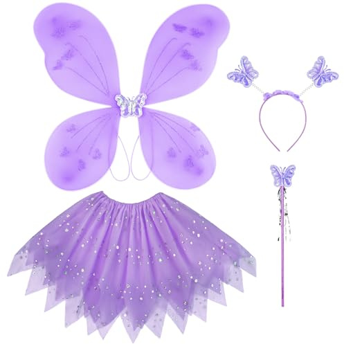 AYBUY Fairy Wings barnkostym – fjärilsvingar med glitter tutu, trollstav och pannband, lila fe prinsesskjol, utklädningsdräkt för flickor