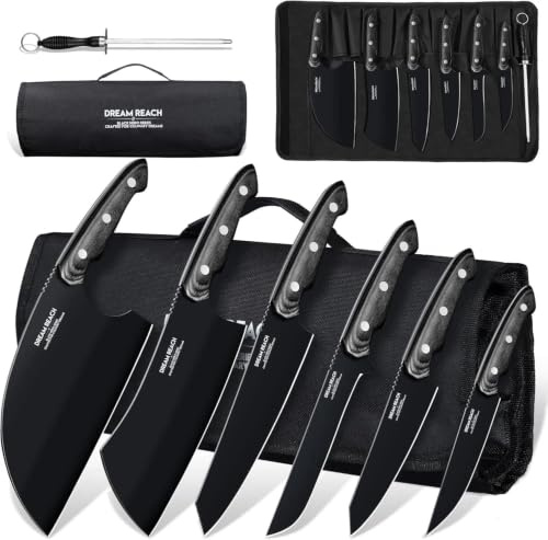 Dream Reach Küchenmesserset mit Wetzstähle - 6-teilig Scharfes Messerset | mit Wetzstahl & Messertasche, Full Tang, für Küche & Outdoor, Geschenk für Papa & Mama
