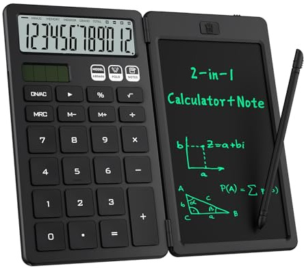 ROATEE Faltbarer 2-in-1 Taschenrechner mit löschbarem LCD-Handschrifttablett,12-Bit-HD-Breitbildschirm,wiederaufladbare Solar-Doppelstromversorgung,geeignet für Studenten und Bürogebrauch