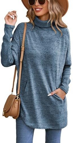 Famulily Women's Turtleneck Jumper Rib Knitted Longline Oversized Pullover Sweater Long Sleeve Tops (XL, Blue)