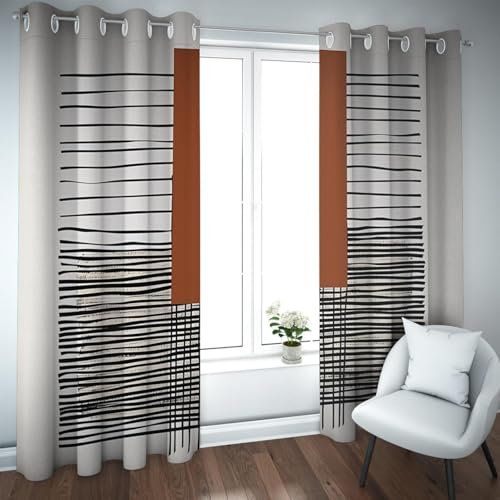 UIRINGART Minimalistische Verdunkelungsvorhänge Schwarze geometrische Liniendruck-Fenstervorhänge Braune Farbblöcke Lärmreduzierender wärmeisolierter Vorhang 2 Paneele H138xB132