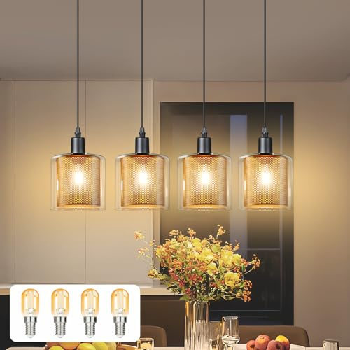 ZMH Pendelleuchte Esstisch Hängelampe Glas Hängeleuchte 4-Flammig | Esstischlampe Vintage E14 Gold Esszimmerlampe Höhenverstellbar Pendellampe für Esszimmer Küche(Mit Leuchtmittel)