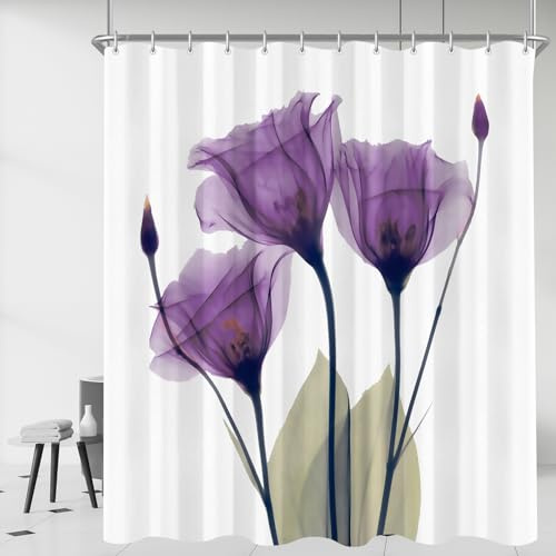 Lerores Cortina de ducha de 180 x 200 cm, diseño de flores violetas, dobladillo con peso, antimoho, repelente al agua, lavable, de poliéster, cortinas de baño con 12 ojales y anillas de cortina de