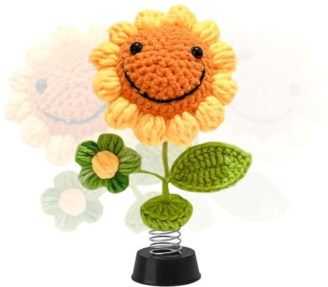 PARFCO Auto Deko, Gestrickte Sonnenblume Dekoration, Shake Wackelkopf Figur Auto, Wackelkopf Auto Wackelfigur, 17 × 11 × 5 cm Wackelfiguren, für Auto, Büro Und Zimmer