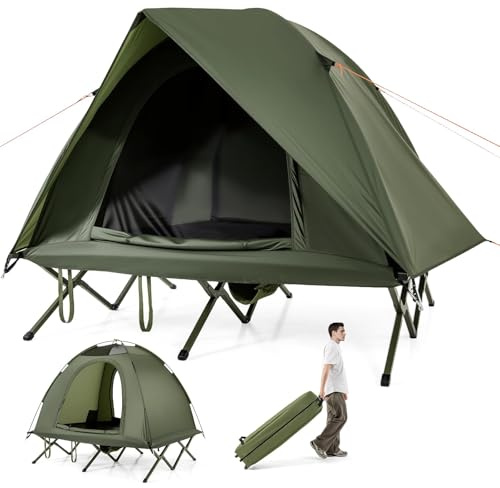 FANTASK Feldbett mit Zelt 2 Personen, Camping-Ausrüstung mit Regenschutz, 2 Netztüren, Dachfenster & Rolltasche, Outdoor-fähige Unterkunftsbett, bis 300 kg, 194 x 145 x 150 cm