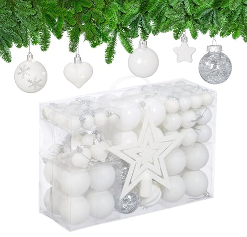 Relaxdays Weihnachtskugeln 101er Set, Kunststoff, Weihnachtsbaumdeko mit Kugeln & Spitze, Christbaumschmuck, weiß