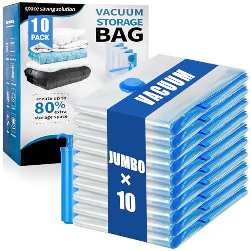 Besslly 10 Jumbo Vacuum Storage Bags, Vacuum Seal Bags for Clothing Space Saver Compression Storage Bag with Hand Pump Extra Large for Clothing Travel Comforters Blankets Pillow Bedding Duvets Clothes