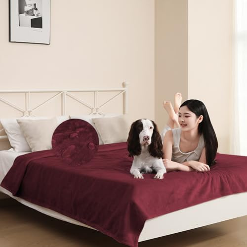 DUJUIKE wasserdichte Decke, wasserdichte Hundedecke, Bettdecke, wasserdichte Sofadecke, Hautfreundlicher Flanellstoff, Geeignet für Hunde, Katzen, Campingteppiche (Weinrot, 152x202cm)