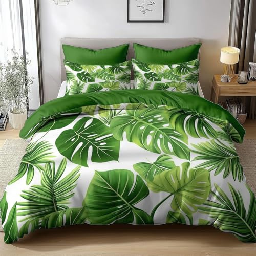 Copripiumino Una Piazza e Mezza Monstera Deliziosa Set di Biancheria da Letto Foglie Verdi 3D Copri Piumino in Microfibra Morbida Copripiumino 200x200 con Cerniere e 2 Federe E-2644
