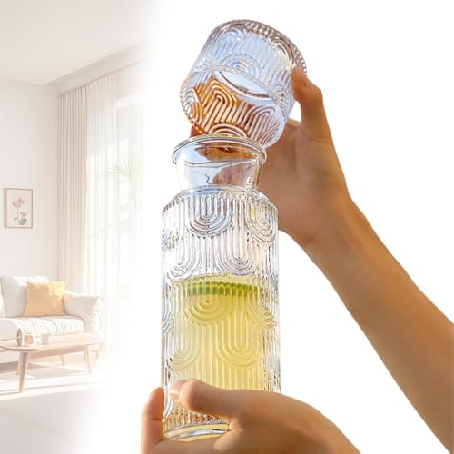 BAIFULAI Juego de jarra de agua para mesita de noche con vaso: jarra de cristal de 640 ml, diseño vintage en relieve, botella de enjuague bucal para habitaciones de invitados, baño, salón