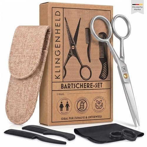 KLINGENHELD® Bartschere Männer - drei Scheren später endlich eine die nicht zwickt | vakuumgehärteter Chirurgenstahl, einseitig mikroverzahnt | 7-tlg. Geschenk-Set im Baumwoll-Etui